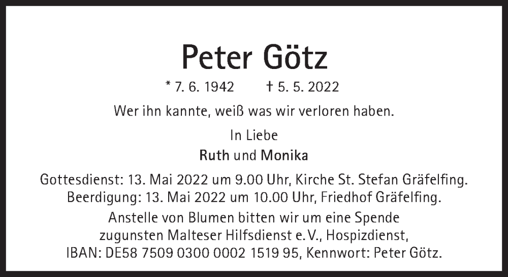  Traueranzeige für Peter Götz vom 07.05.2022 aus Süddeutsche Zeitung