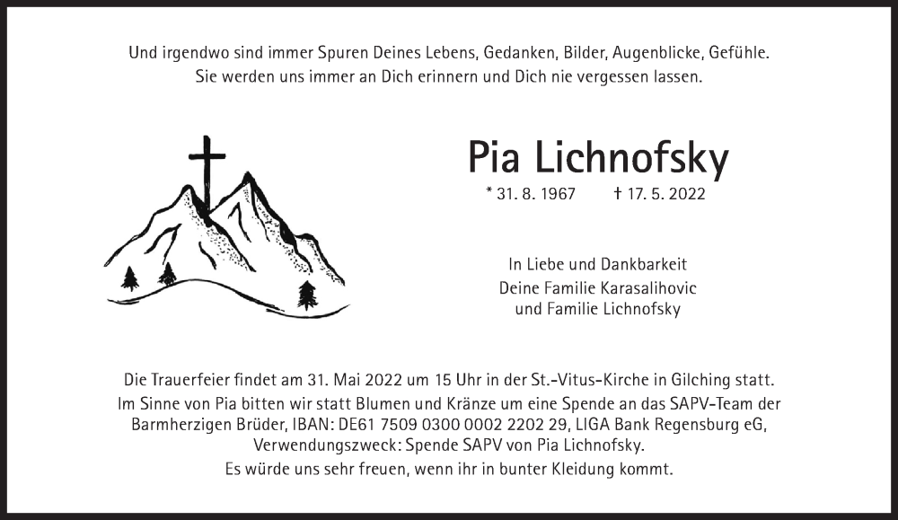  Traueranzeige für Pia Lichnofsky vom 21.05.2022 aus Süddeutsche Zeitung