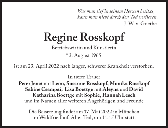 Traueranzeige von Regine Rosskopf von Süddeutsche Zeitung