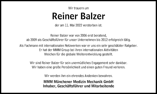 Traueranzeige von Reiner Balzer von Süddeutsche Zeitung