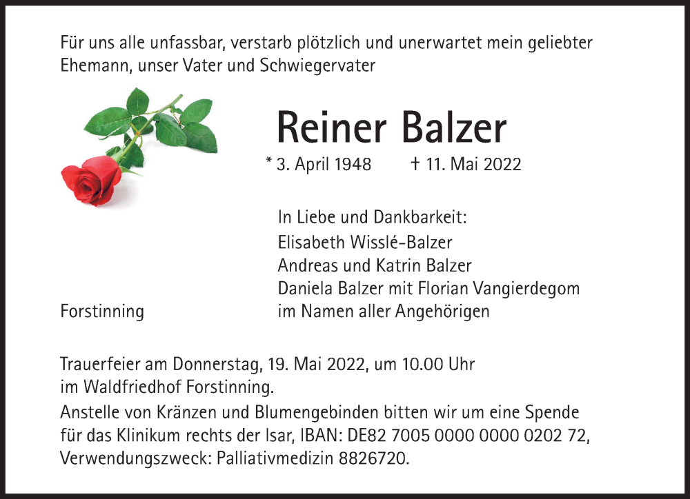  Traueranzeige für Reiner Balzer vom 14.05.2022 aus Süddeutsche Zeitung