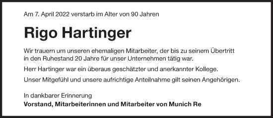 Traueranzeige von Rigo Hartinger von Süddeutsche Zeitung