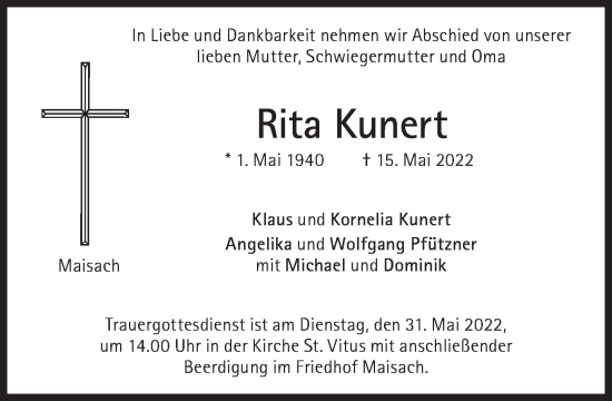 Traueranzeige von Rita Kunert von Süddeutsche Zeitung