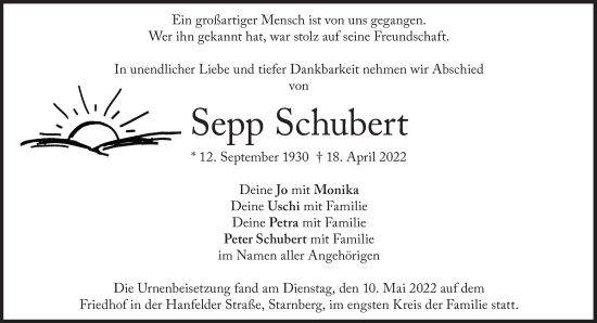 Traueranzeige von Sepp Schubert von Süddeutsche Zeitung