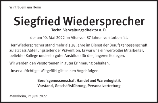 Traueranzeige von Siegfried Wiedersprecher von Süddeutsche Zeitung