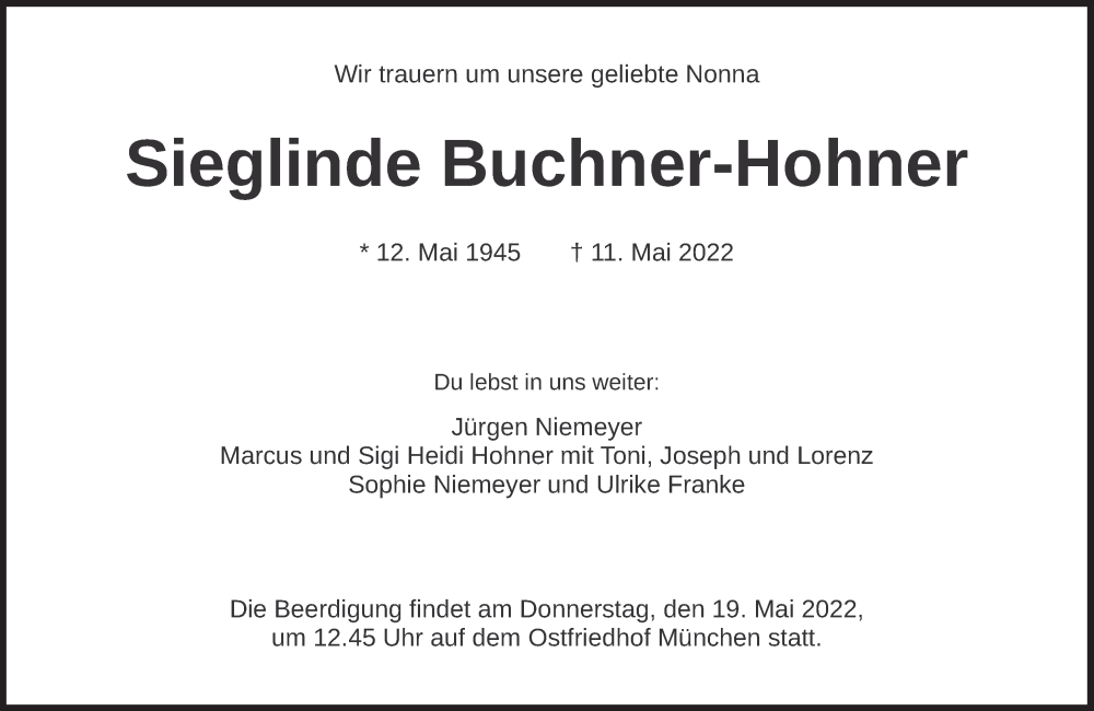  Traueranzeige für Sieglinde Buchner-Hohner vom 14.05.2022 aus Süddeutsche Zeitung