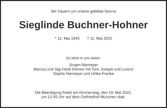Traueranzeige von Sieglinde Buchner-Hohner von Süddeutsche Zeitung