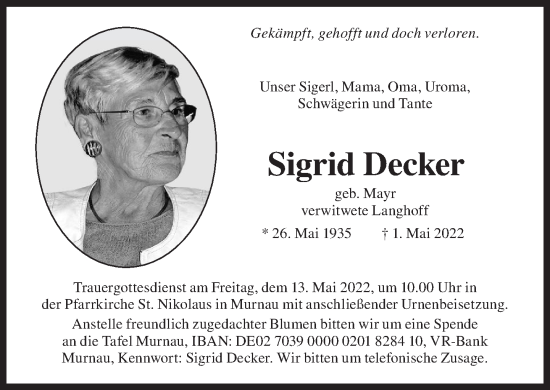 Traueranzeige von Sigrid Decker von Süddeutsche Zeitung