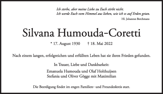 Traueranzeige von Silvana Humouda-Coretti von Süddeutsche Zeitung