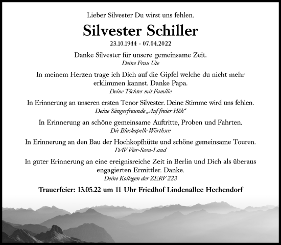Traueranzeige von Silvester Schiller von Süddeutsche Zeitung
