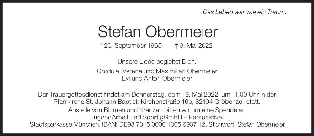  Traueranzeige für Stefan Obermeier vom 14.05.2022 aus Süddeutsche Zeitung