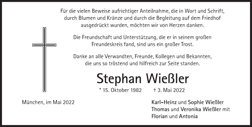  Traueranzeige für Stephan Wießler vom 14.05.2022 aus Süddeutsche Zeitung