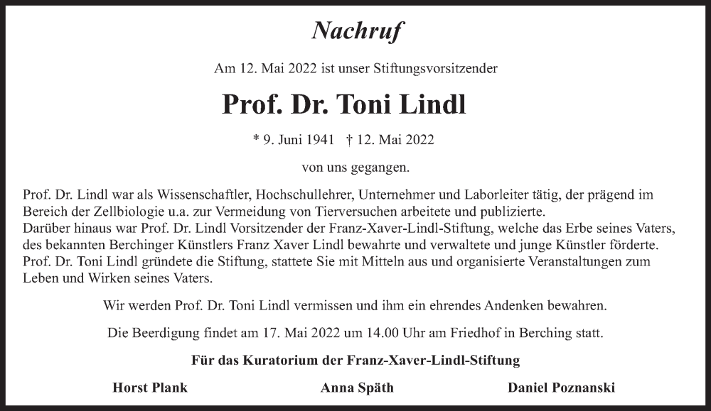  Traueranzeige für Toni Lindl vom 16.05.2022 aus Süddeutsche Zeitung