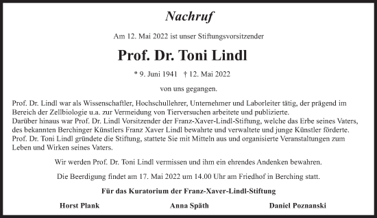 Traueranzeige von Toni Lindl von Süddeutsche Zeitung
