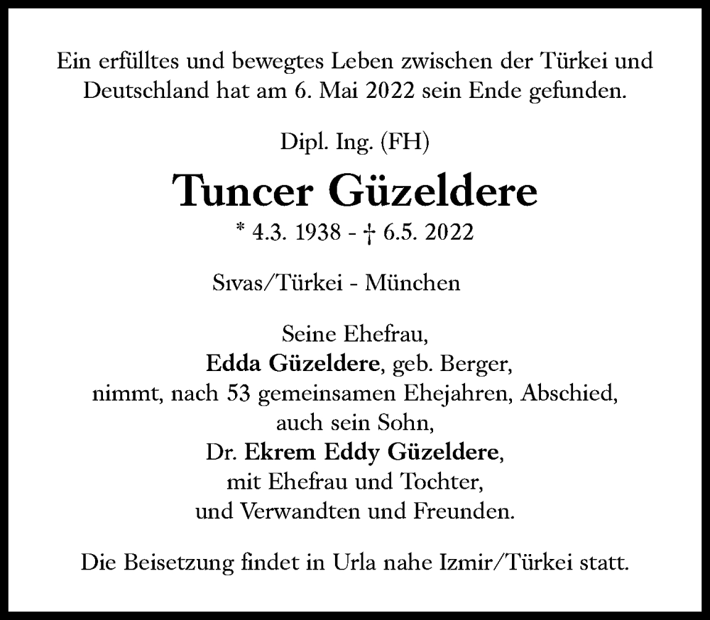  Traueranzeige für Tuncer Güzeldere vom 10.05.2022 aus Süddeutsche Zeitung