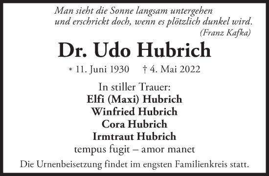 Traueranzeige von Udo Hubrich von Süddeutsche Zeitung