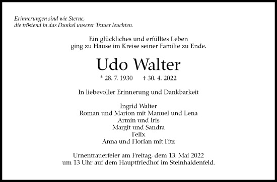 Traueranzeige von Udo Walter von Stuttgarter Zeitung / Stuttgarter Nachrichten