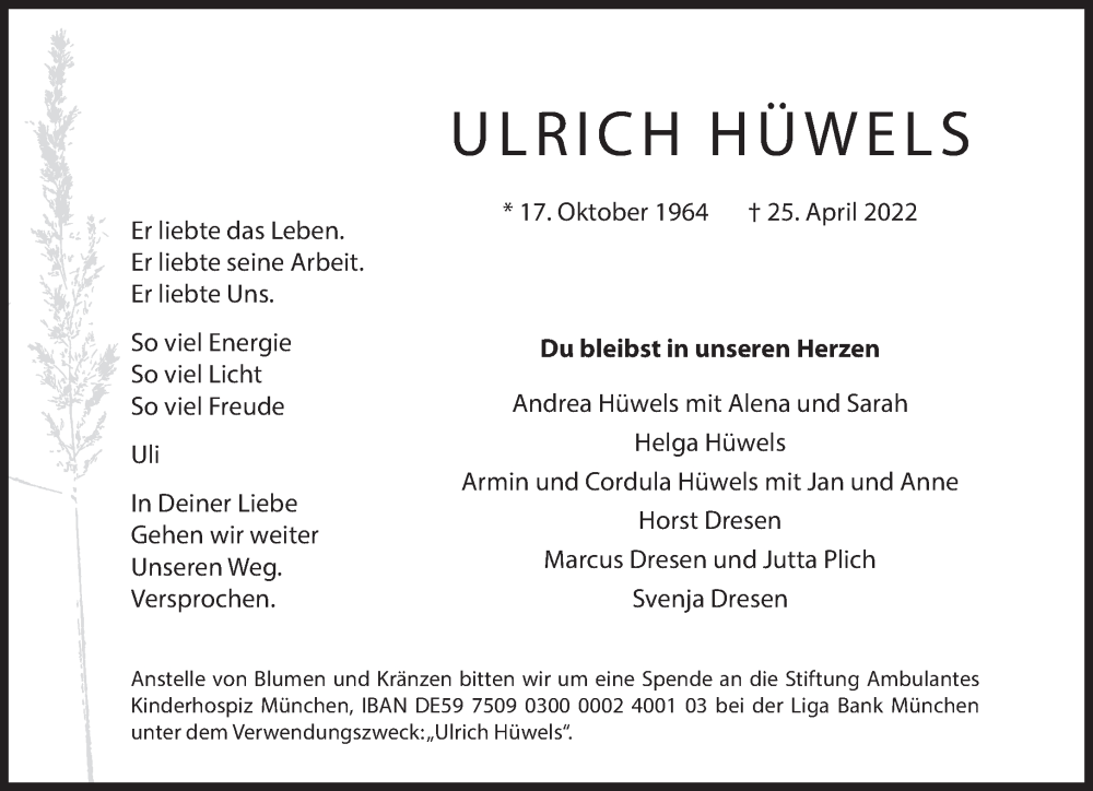  Traueranzeige für Ulrich Hüwels vom 14.05.2022 aus Süddeutsche Zeitung