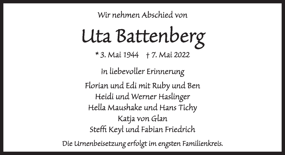  Traueranzeige für Uta Battenberg vom 14.05.2022 aus Süddeutsche Zeitung