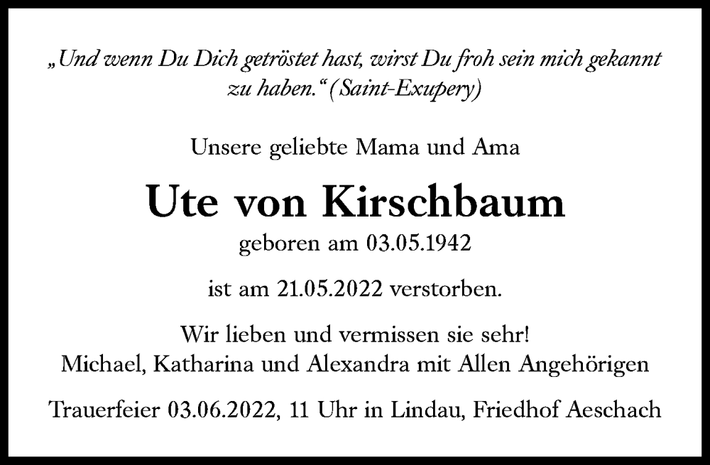  Traueranzeige für Ute von Kirschbaum vom 28.05.2022 aus Süddeutsche Zeitung