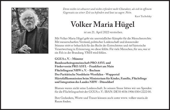 Traueranzeige von Volker Maria Hügel von Süddeutsche Zeitung