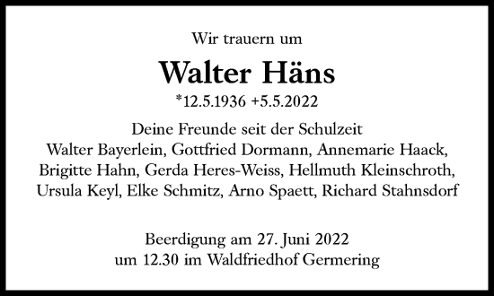Traueranzeige von Walter Häns von Süddeutsche Zeitung