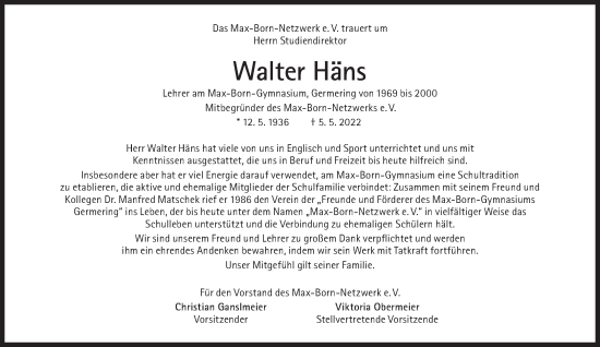Traueranzeige von Walter Häns von Süddeutsche Zeitung