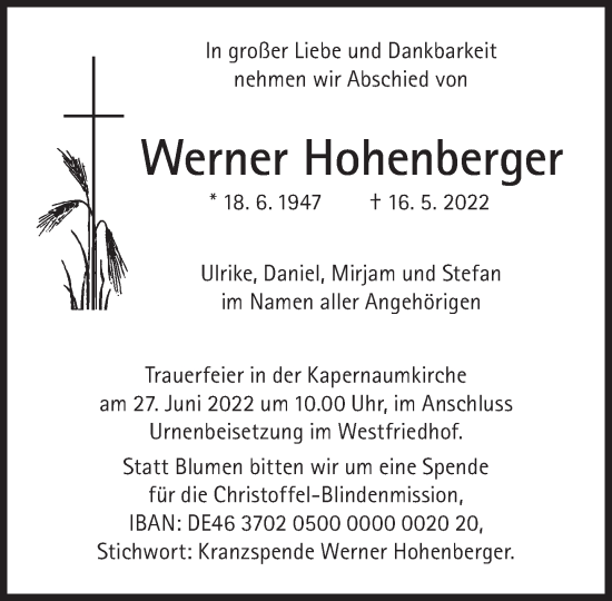 Traueranzeige von Werner Hohenberger von Süddeutsche Zeitung