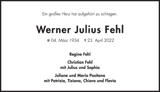 Traueranzeige von Werner Julius Fehl von Süddeutsche Zeitung