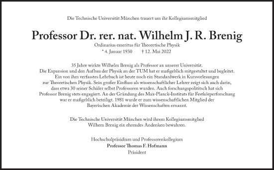 Traueranzeige von Wilhelm J. R. Brenig von Süddeutsche Zeitung