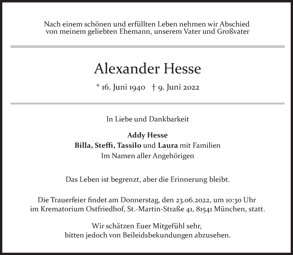  Traueranzeige für Alexander Hesse vom 18.06.2022 aus Süddeutsche Zeitung
