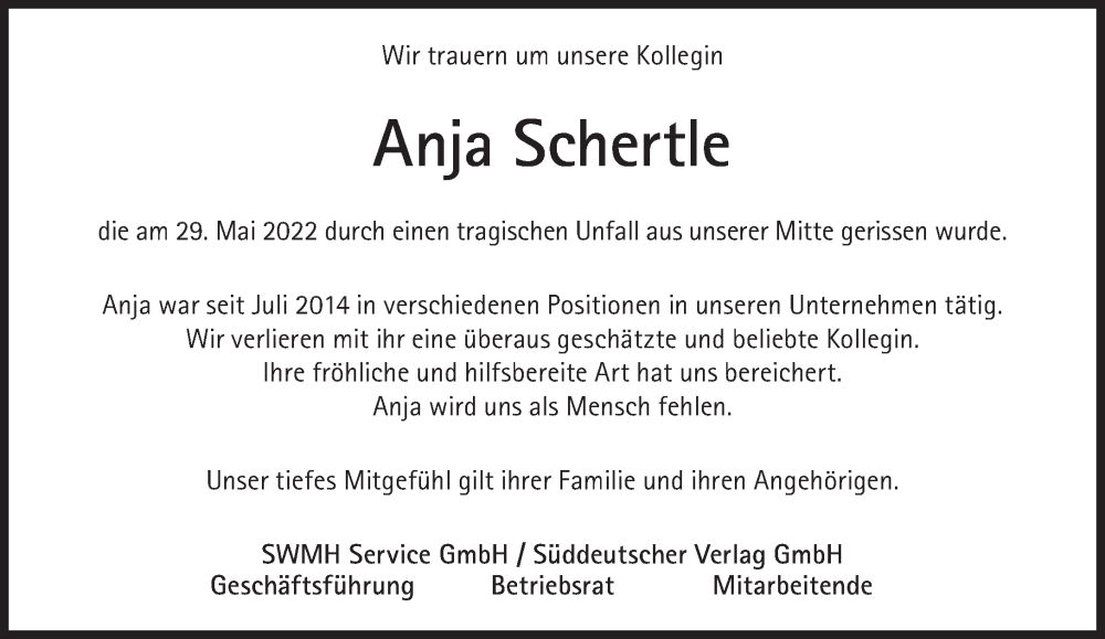  Traueranzeige für Anja Schertle vom 18.06.2022 aus Süddeutsche Zeitung