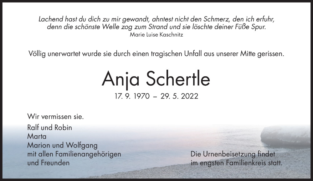  Traueranzeige für Anja Schertle vom 18.06.2022 aus Süddeutsche Zeitung