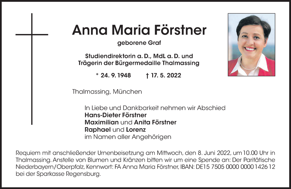  Traueranzeige für Anna Maria Förstner vom 04.06.2022 aus Süddeutsche Zeitung