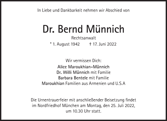 Traueranzeige von Bernd Münnich von Süddeutsche Zeitung