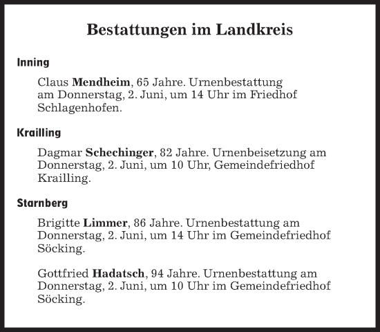 Traueranzeige von Bestattungen vom 02.06.2022 von Süddeutsche Zeitung