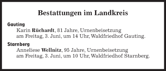 Traueranzeige von Bestattungen vom 03.06.2022 von Süddeutsche Zeitung