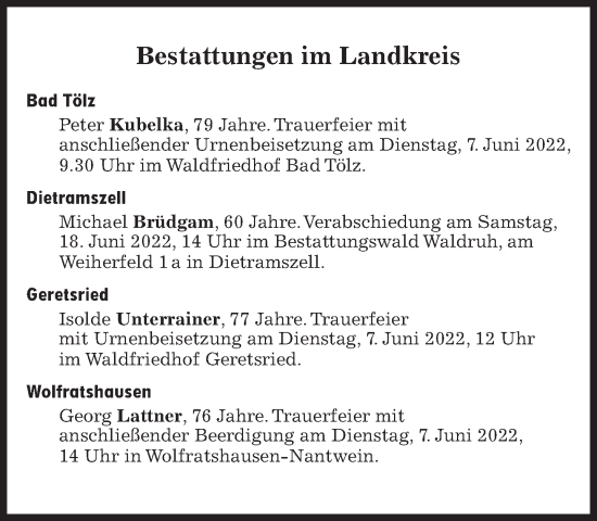 Traueranzeige von Bestattungen vom 07.06.2022 von Süddeutsche Zeitung