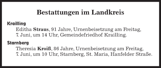 Traueranzeige von Bestattungen vom 07.06.2022 von Süddeutsche Zeitung