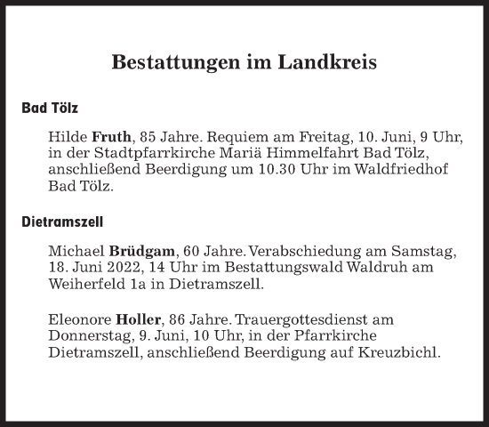 Traueranzeige von Bestattungen vom 08.06.2022 von Süddeutsche Zeitung