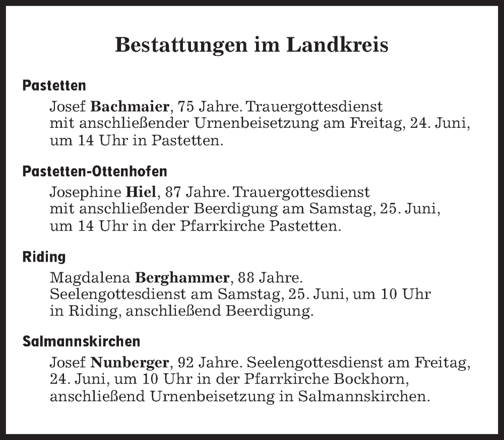  Traueranzeige für Bestattungen vom 24.06.2022 vom 24.06.2022 aus Süddeutsche Zeitung