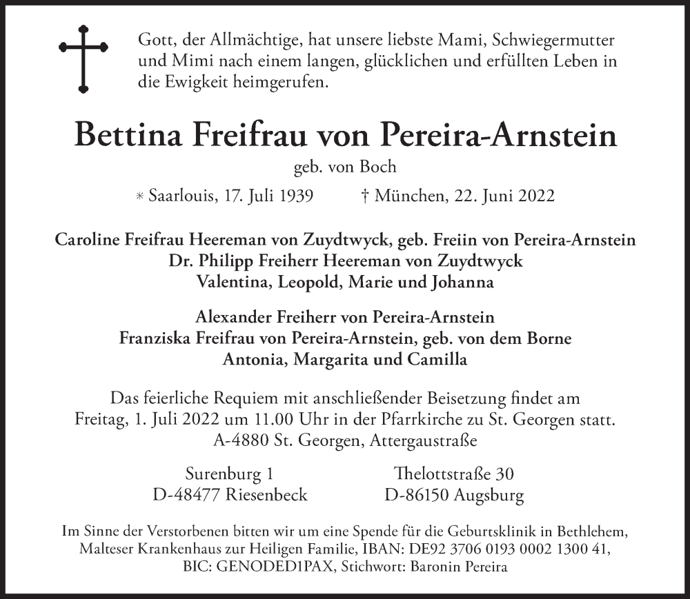  Traueranzeige für Bettina Freifrau von Pereira-Arnstein vom 25.06.2022 aus Süddeutsche Zeitung