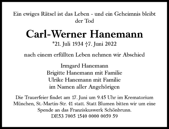 Traueranzeige von Carl-Werner Hanemann von Süddeutsche Zeitung