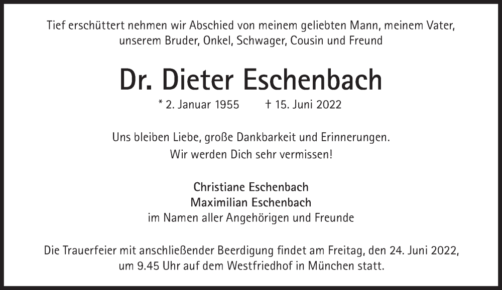  Traueranzeige für Dieter Eschenbach vom 18.06.2022 aus Süddeutsche Zeitung