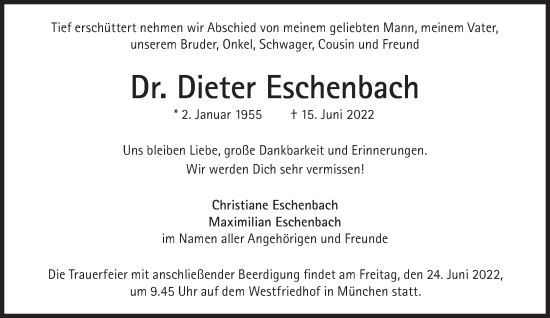 Traueranzeige von Dieter Eschenbach von Süddeutsche Zeitung