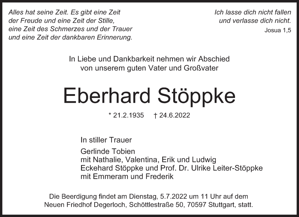  Traueranzeige für Eberhard Stöppke vom 01.07.2022 aus Süddeutsche Zeitung
