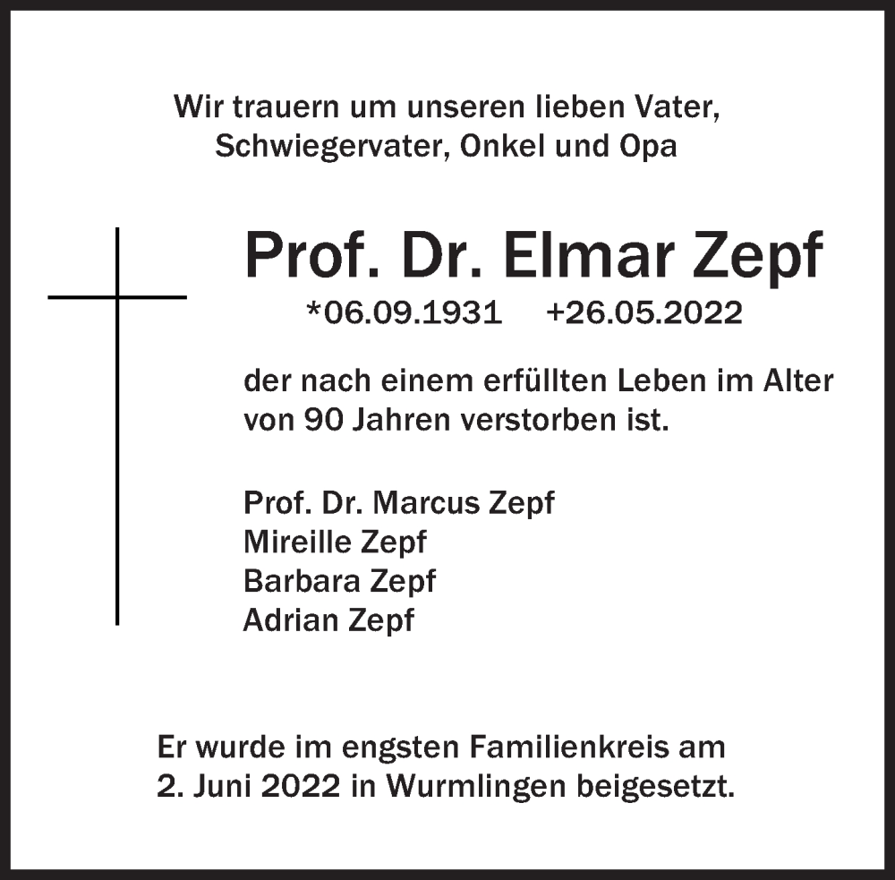  Traueranzeige für Elmar Zepf vom 04.06.2022 aus Süddeutsche Zeitung