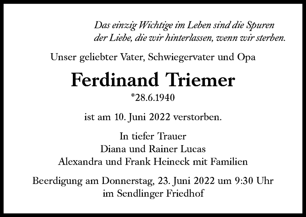  Traueranzeige für Ferdinand Triemer vom 18.06.2022 aus Süddeutsche Zeitung