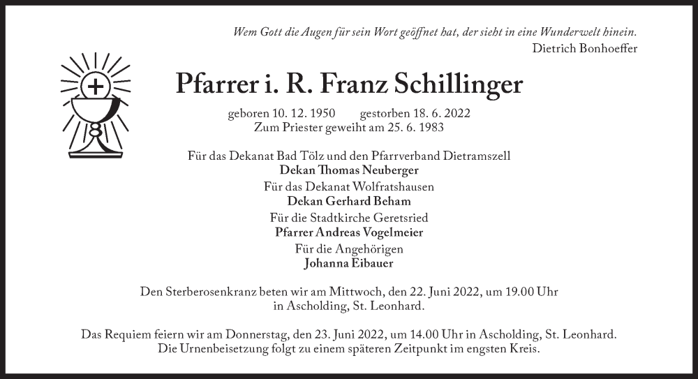  Traueranzeige für Franz Schillinger vom 22.06.2022 aus Süddeutsche Zeitung