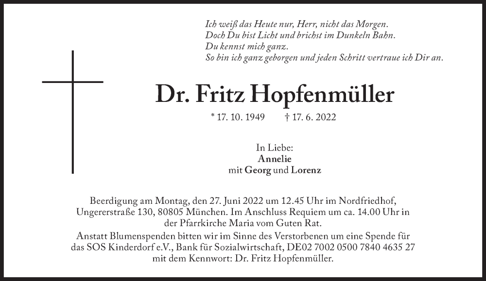  Traueranzeige für Fritz Hopfenmüller vom 23.06.2022 aus Süddeutsche Zeitung